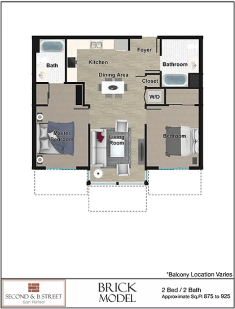Floor plan for 2 beds, 2 baths, 875 sqft